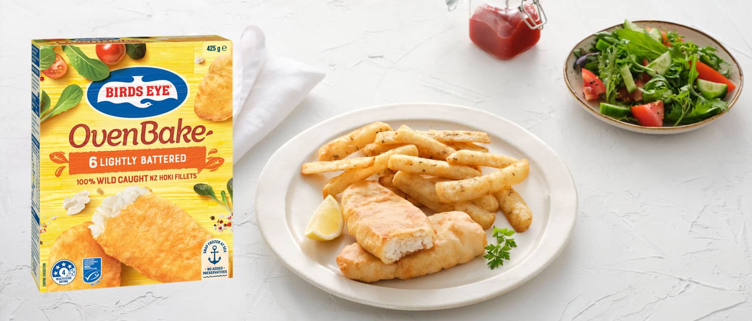 Lightly Breaded oven Bake Fish + Birds Eye box