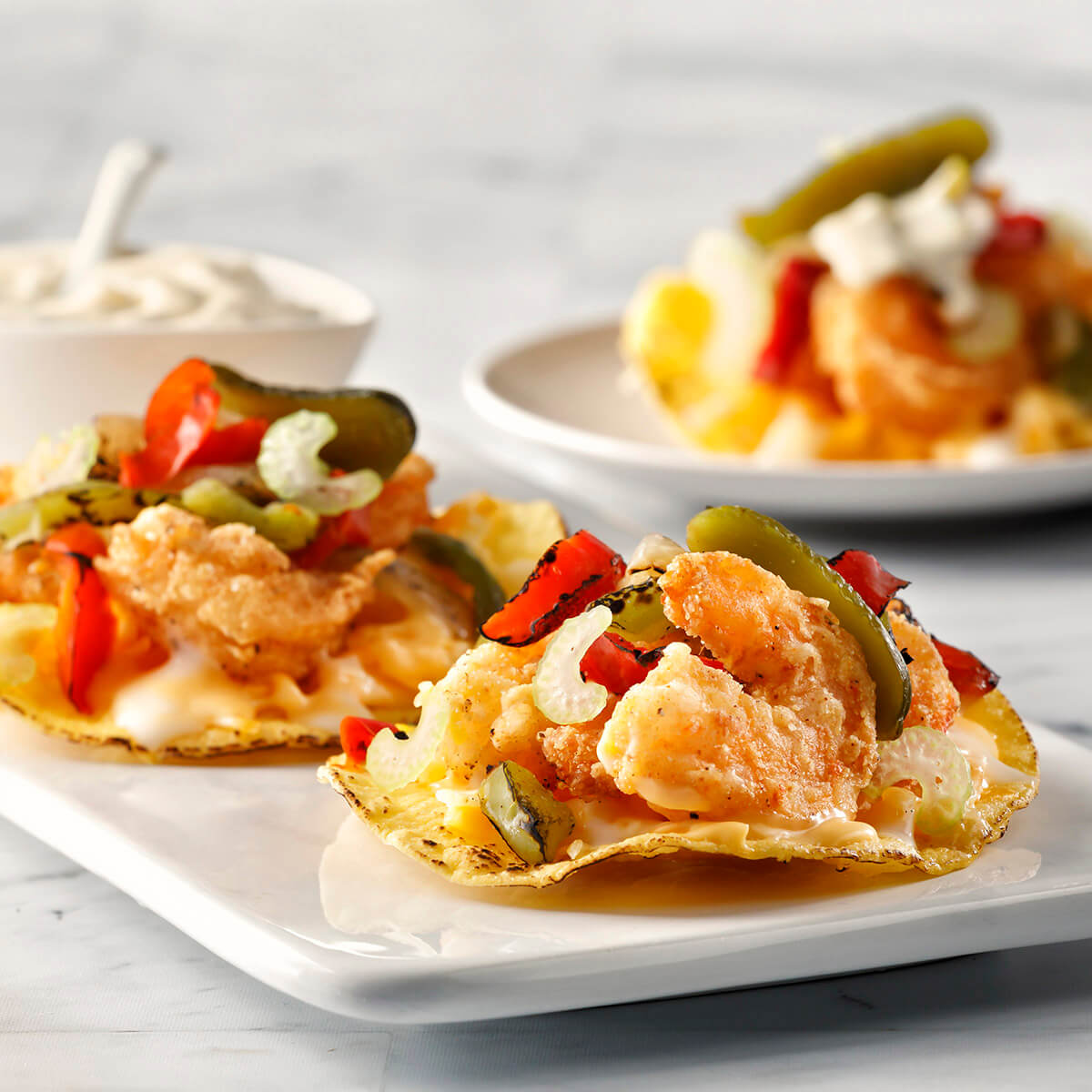 Fried Rock Shrimp Creole Tostada Bites