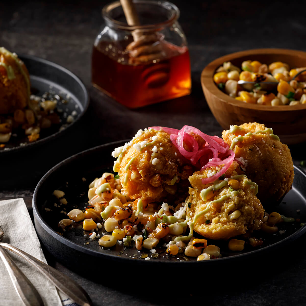 Roasted Corn Fritters Avocado Crema and Pickled Corn Recipe
