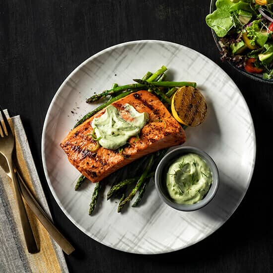 Salmon with Herbed Avocado Butter and Asparagus