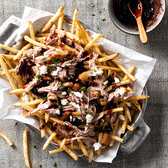 Duck Fat Fries with Duck Confit Blackberry BBQ Sauce and Chevre Appetizer