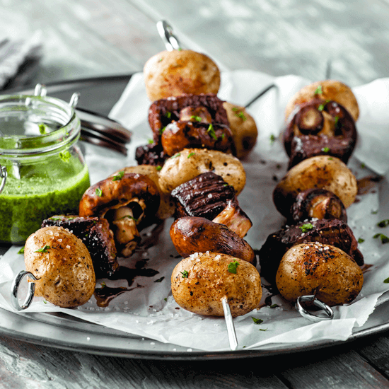 Steak Potato Skewers with Avocado Chimichurri