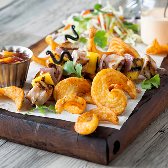Pork Tendorloin Mango Skewers with SeasonedCrisp JR Buffalos SIDEWINDERS Fried Potatoes