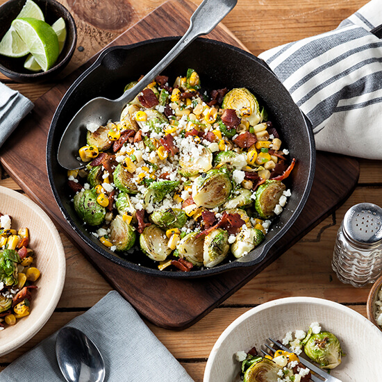 Brussels Sprouts with Corn Jalapeno and Bacon