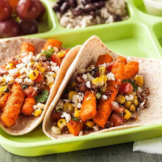 Street Sweet Potato Tacos with Jalapeno Corn Quinoa Pico Guacamole Ranch