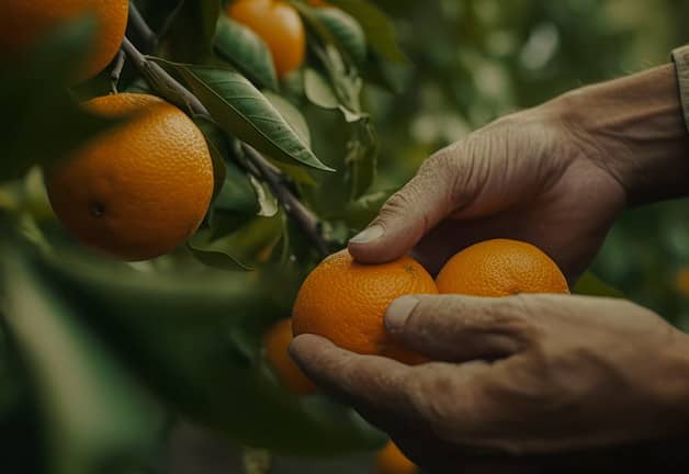 Fruiting orange tree with hands holding fruit
