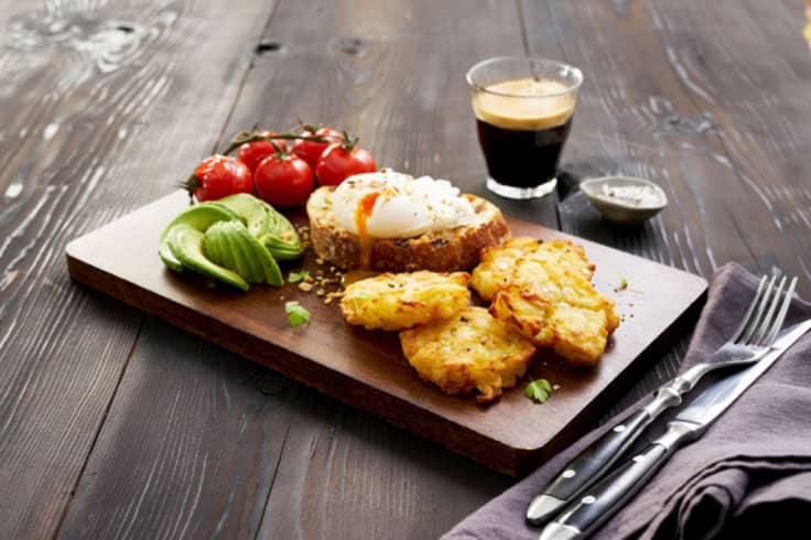 Hashbrown, avocados, poached eggs and tomatoes on a plate