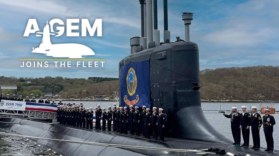 USS Idaho with crew at commissioning ceremony