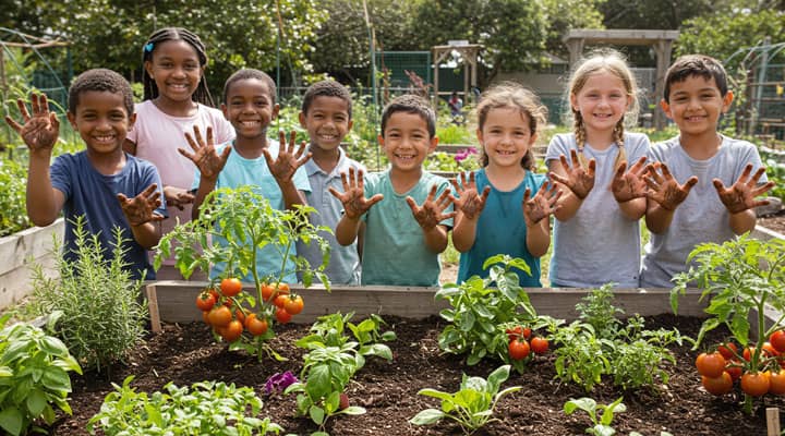 Kids with dirty hands around garden