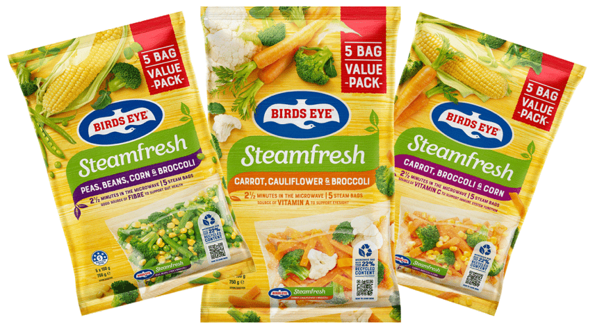 BirdsEye SteamFresh packaging with recycled plastics